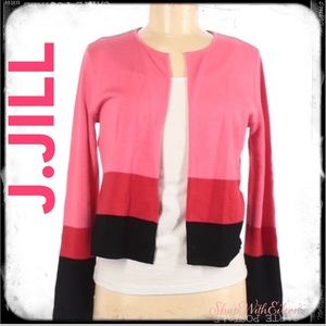 J.JILL Color Block Pink Red Black Stripe Open Front Cardigan